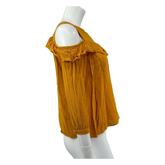 Maeve Anthropologie Top Women 2 Brearly Cold Shoulder Marigold 3/4 Sleeve Ruffle - Picture 3 of 9